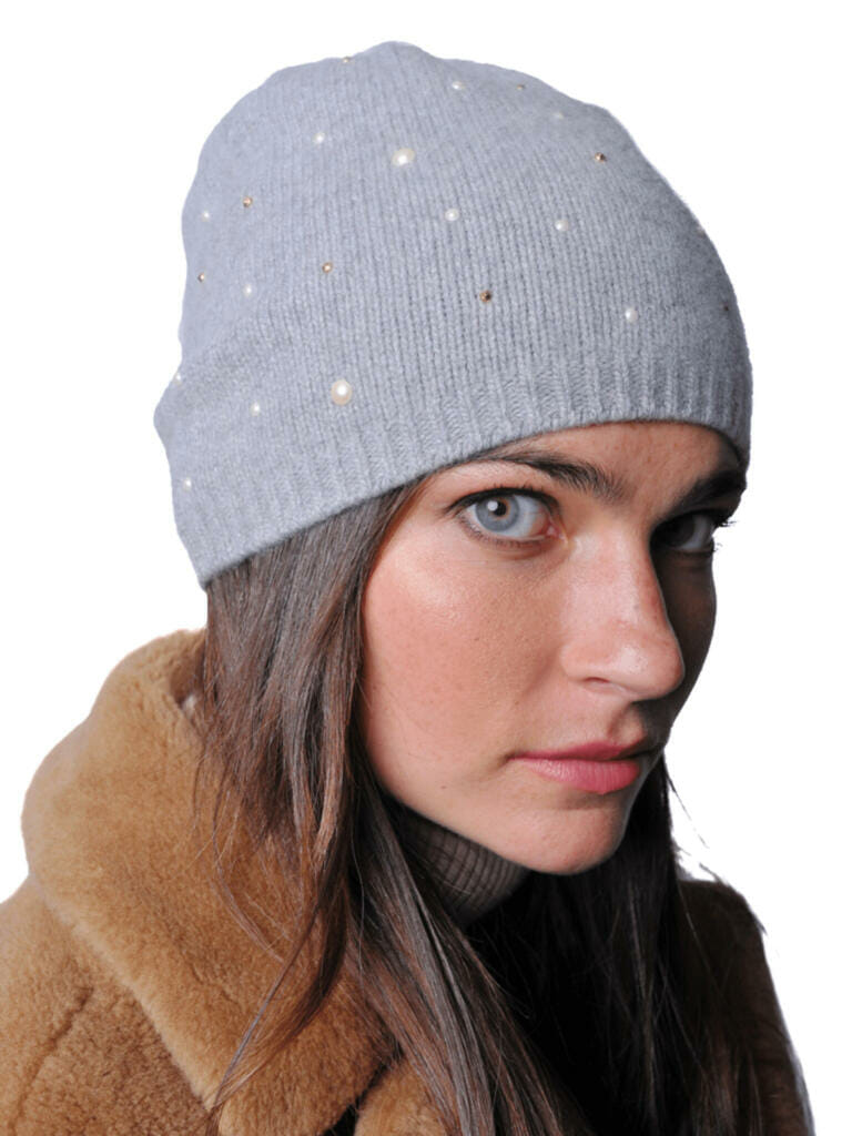100% Cashmere One Size Hat with Pearls and Studs